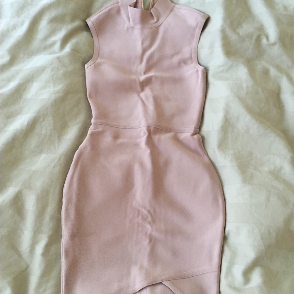 Hot Miami Styles Nude Mock Neck Bandage Dress